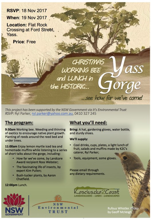 K2C: Christmas Working Bee & Lunch in Historic Yass Gorge, 19 Nov