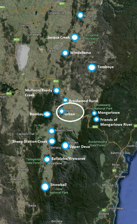 Map of Landcare Groups in the Upper Shoalhaven in 2015